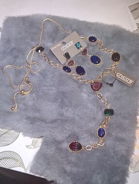 Chico's Gold-Tone Necklace And Earrings with Blue, Green, Pink & Burgundy Gems